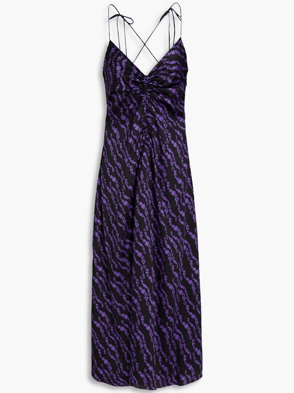 NWT Sandro Thais Black Purple Floral Ruched Crossback Midi Dress FR 40 / US 8